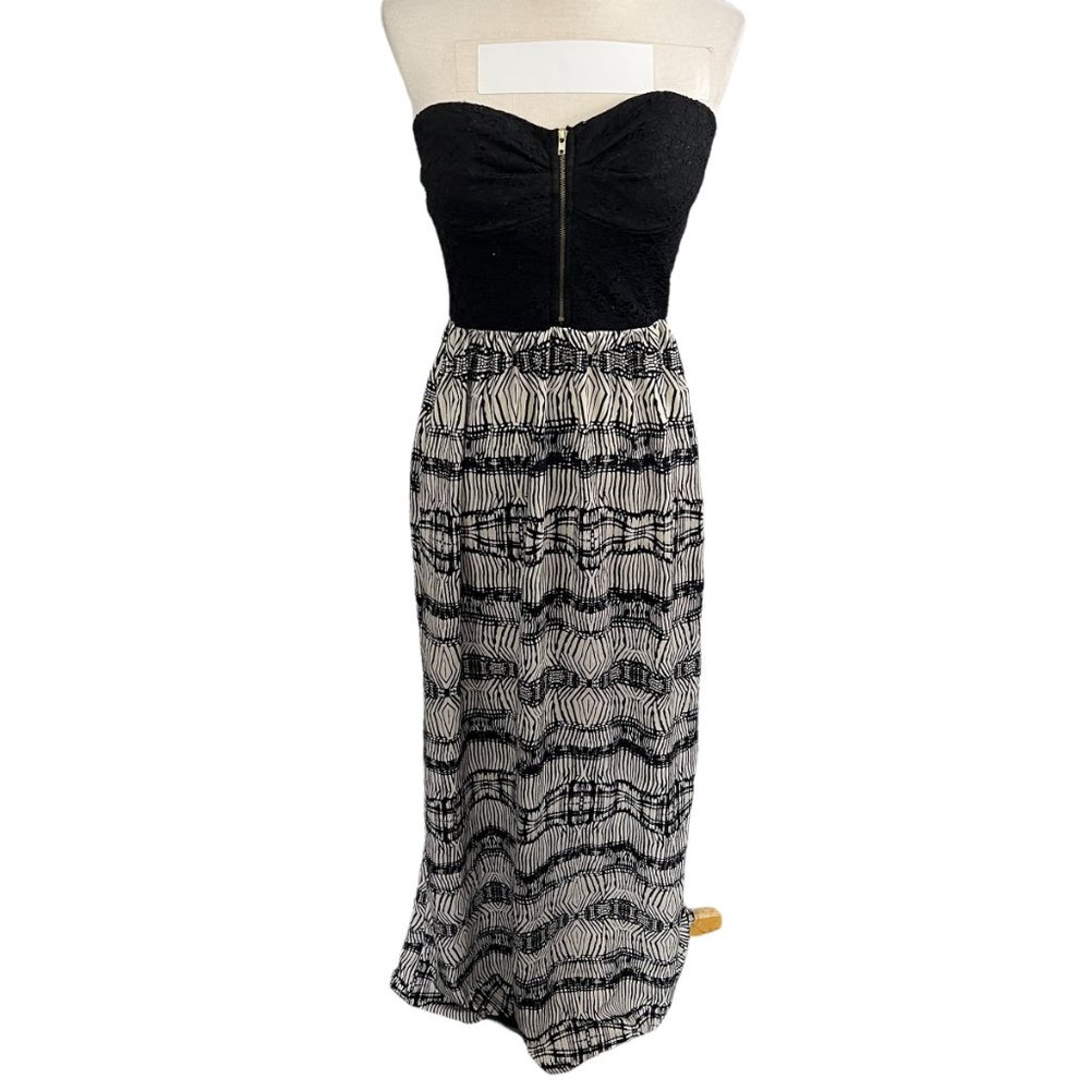 Boho Black Tan Lace Back Maxi Sleeveless Zip Front Sweetheart Bustier Dress